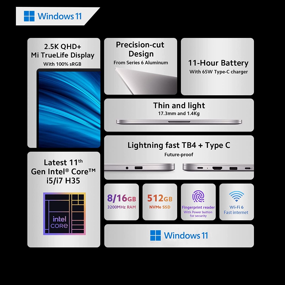 Mi Notebook Pro QHD+ IPS Anti Glare Display Intel Core i5-11300H 11th Gen 14-inch Thin and Light Laptop