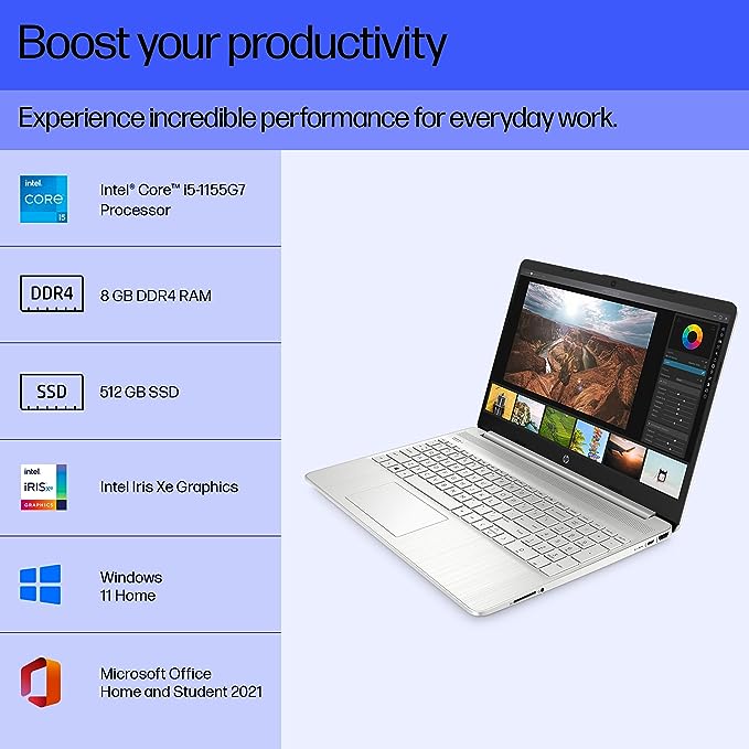 HP 15s, 11th Gen Intel Core i5-1155G7, 156 inch(396cm) FHD Anti-Glare Laptop(8GB RAM/512 GB SSD/Intel Iris Xe Graphics/Win 11