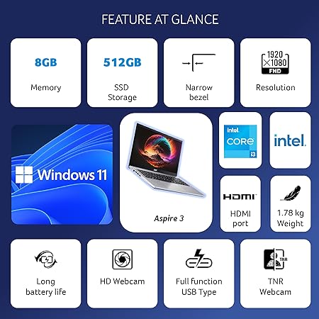 Acer Aspire 3 (Intel Core i3 1215U Processor/ 8GB/ 512 GB SSD/Windows 11 Home/MS Office) A315-59 with 396 cm (156") Full HD Display