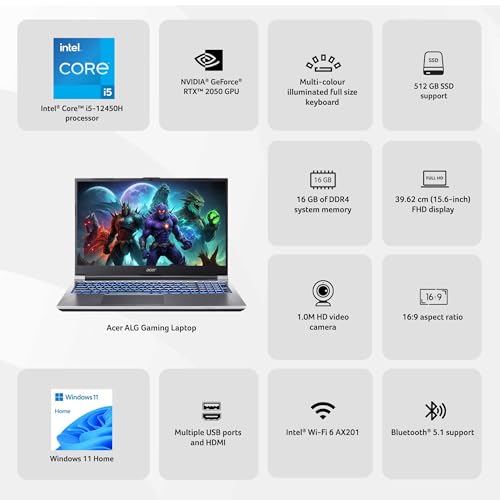 Acer ALG 12th Gen Intel Core i5 Gaming Laptop (16GB RAM/512GB SSD/4GB RTX 2050 Graphics/60Hz/Win11Home/Wifi 6)