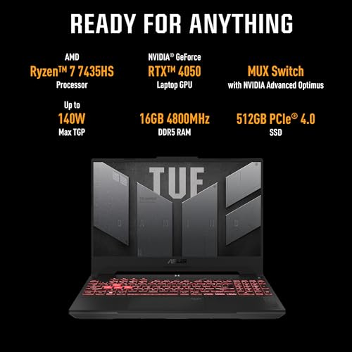 ASUS TUF Gaming A15, AMD Ryzen 7 7435HS, Gaming Laptop (16GB/512GB SSD/NVIDIA GeForce RTX 4050/Windows 11/90WHr/2.2 Kg)