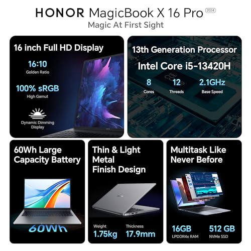 HONOR MagicBook X16 Pro, 13th Gen Intel Core i5-13420H (16GB/512GB NVMe SSD, 16-inch (40.64 cm) FHD IPS Anti-Glare Thin and Light Laptop/Windows 11/Backlit Keyboard/Fingerprint/1.75Kg)