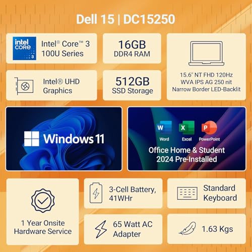 Dell 15 (Previously Inspiron) Laptop | 14Th Gen Intel Core I3/Core 3 100U Processor | Intel Uhd Graphics | 15.6inch Fhd 120Hz Ips Ag 250 Nit Display | Win 11 + Office 2024