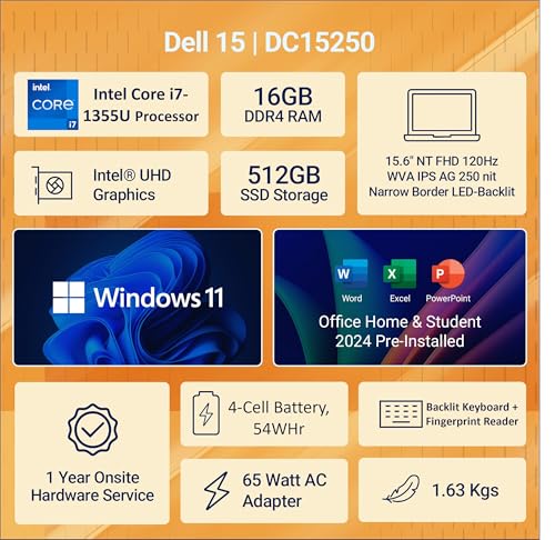 Dell 15 (Previously Inspiron) | Intel Core I7 13Th Gen -1355U | Hd | 15.6inch/39.62Cm | Win 11 | Mso'24 | Thin & Light Laptop