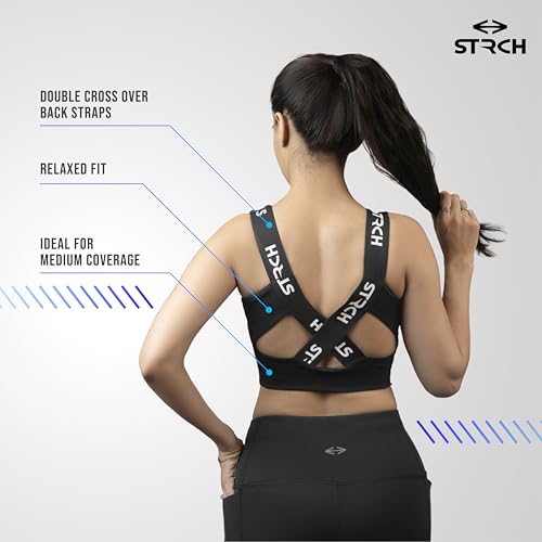 STRCH Nylon Cross Back Sports Bra for Women - Black