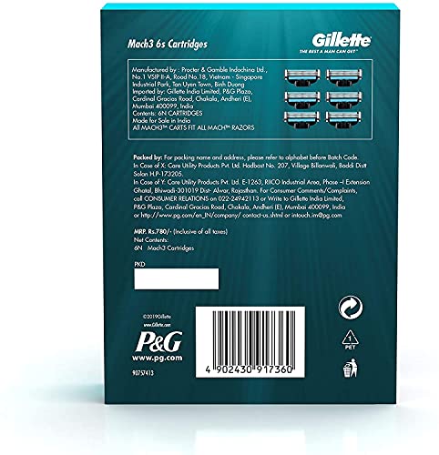 Gillette Mach 3 Shaving Blades, Pack of 6 (Cartridges)