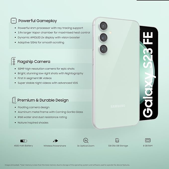 Samsung Galaxy S23 FE 5G | 50MP Triple Camera | Dynamic AMOLED 120Hz Display | 4500mAh Battery | Snapdragon 8 Gen 1