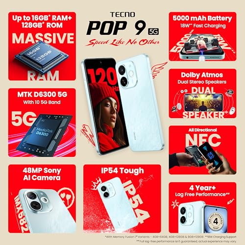 Tecno POP 9 5G | 48MP Camera | 120Hz Display | 5000mAh Battery | Dimensity 6300 Processor