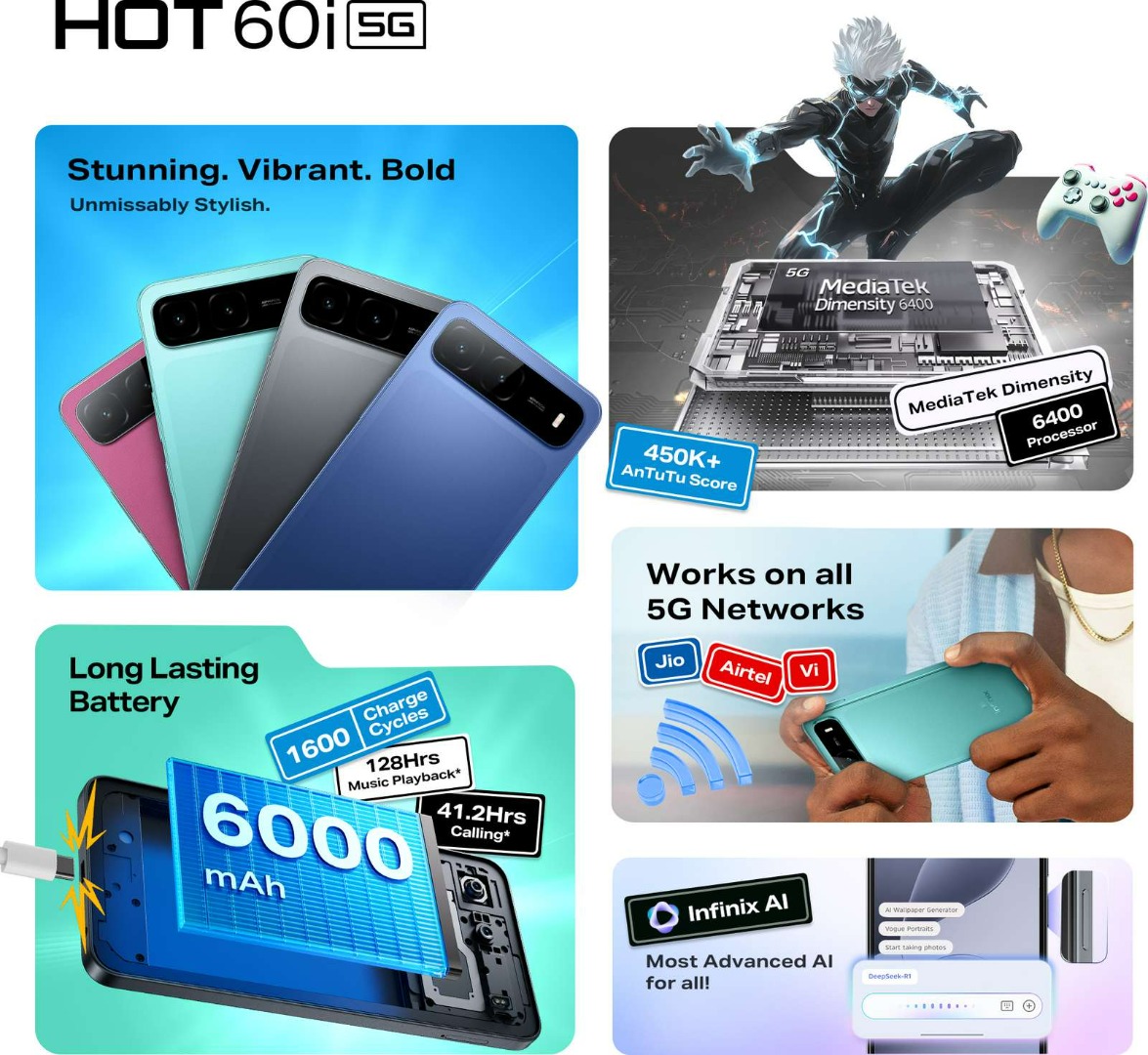 Infinix HOT 60i 5G | Dimensity 6400 | 6.75" HD+ 120Hz | 50MP Camera, 5MP Selfie | 6000mAh, 18W