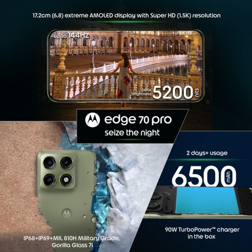 Motorola Edge 70 Pro 5G | Dimensity 8500 Extreme | 6.8" 1.5K AMOLED 144Hz | 50MP + 50MP Camera, 50MP Selfie | 6500mAh, 90W TurboPower