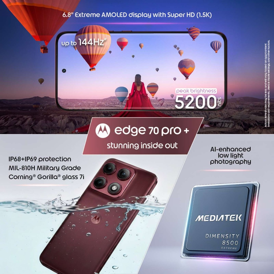 Motorola Edge 70 Pro+ 5G | Dimensity 8500 Extreme | 6.8" Super AMOLED | 50MP + 50MP + 50MP Triple Camera, 50MP Selfie | 6500mAh, 90W TurboPower