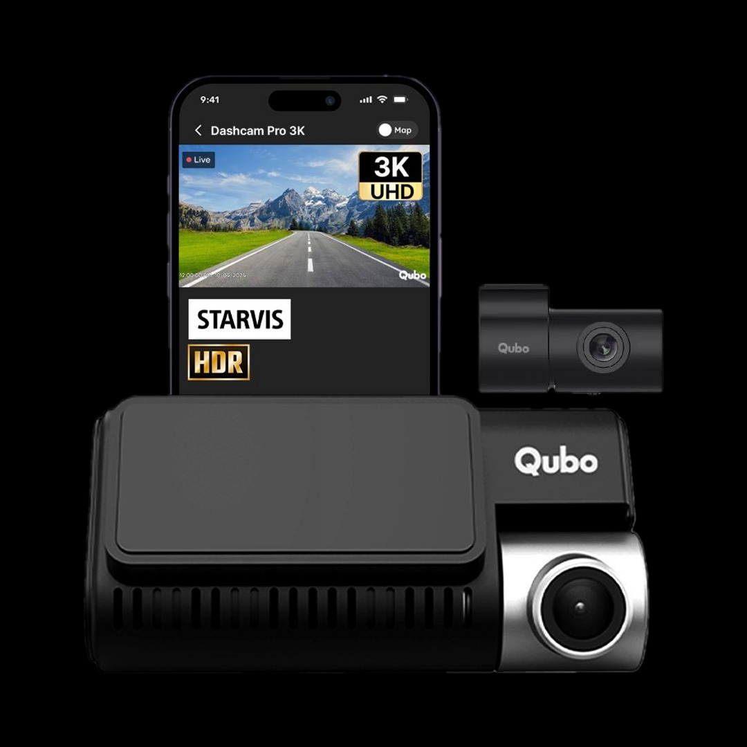 Qubo Smart Dashcam Pro 3K + Rear Dashboard, In-Car Camera System (2 Camera, Front: 2592 X 1944P (3K Uhd), Rear: 1920 X 1080P (Full Hd))