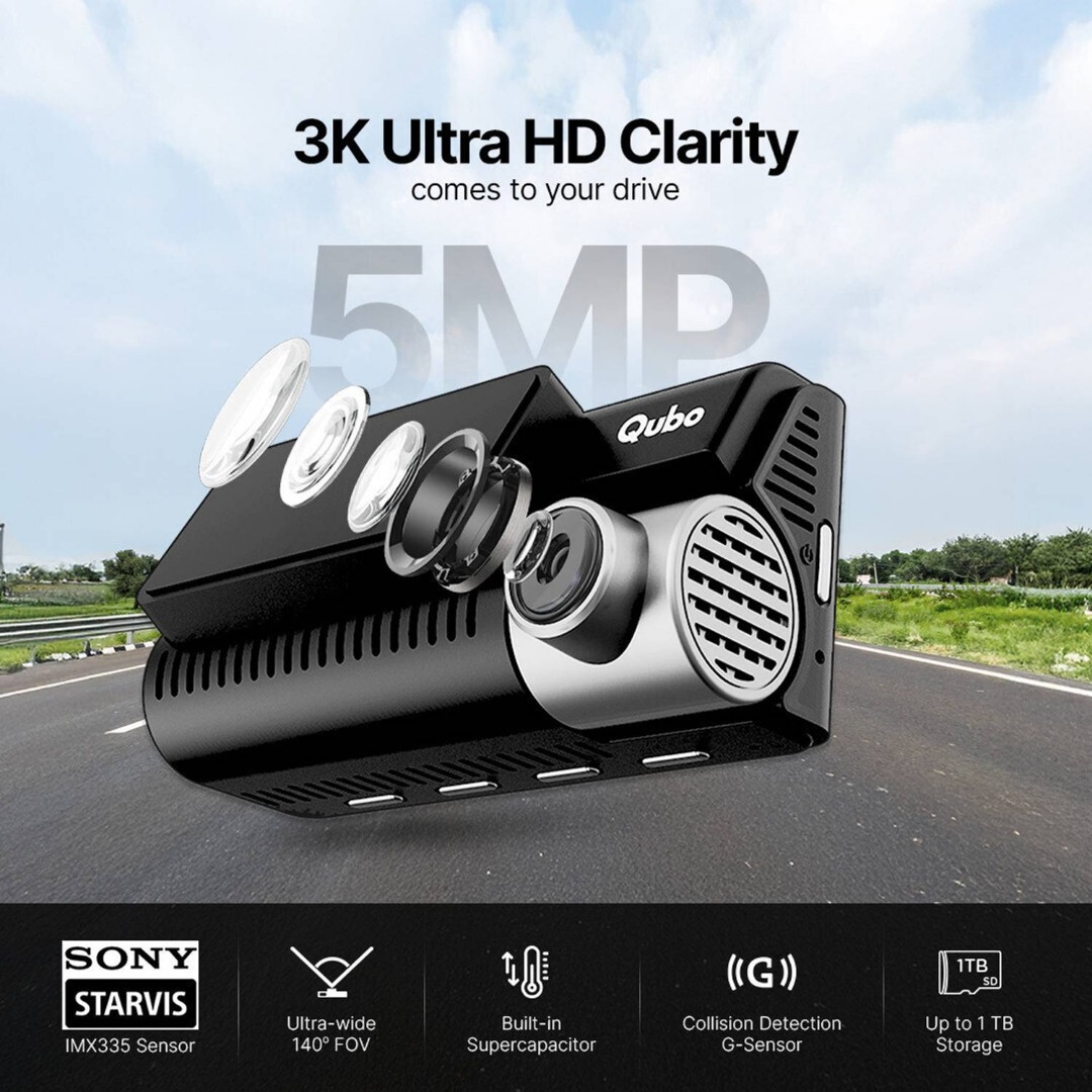 Qubo Smart Dashcam Pro 3K + Rear Dashboard, In-Car Camera System (2 Camera, Front: 2592 X 1944P (3K Uhd), Rear: 1920 X 1080P (Full Hd))