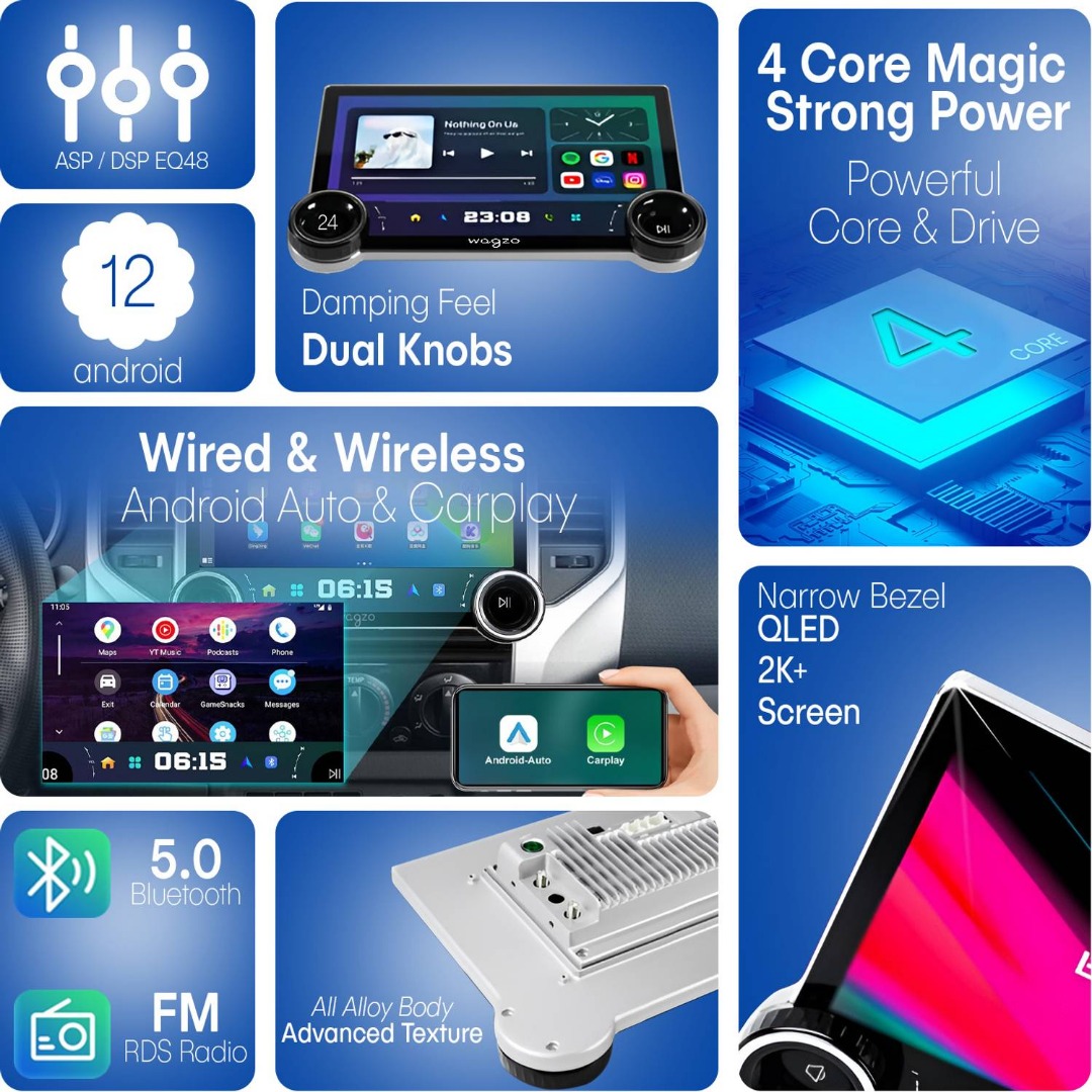Wagzo 2K Diamond Car Android 10.1 In,4Gb+64Gb,4Th Gen,Qled,4 Core, Ahd Camera|Wap-15 Car Stereo (Double Din)