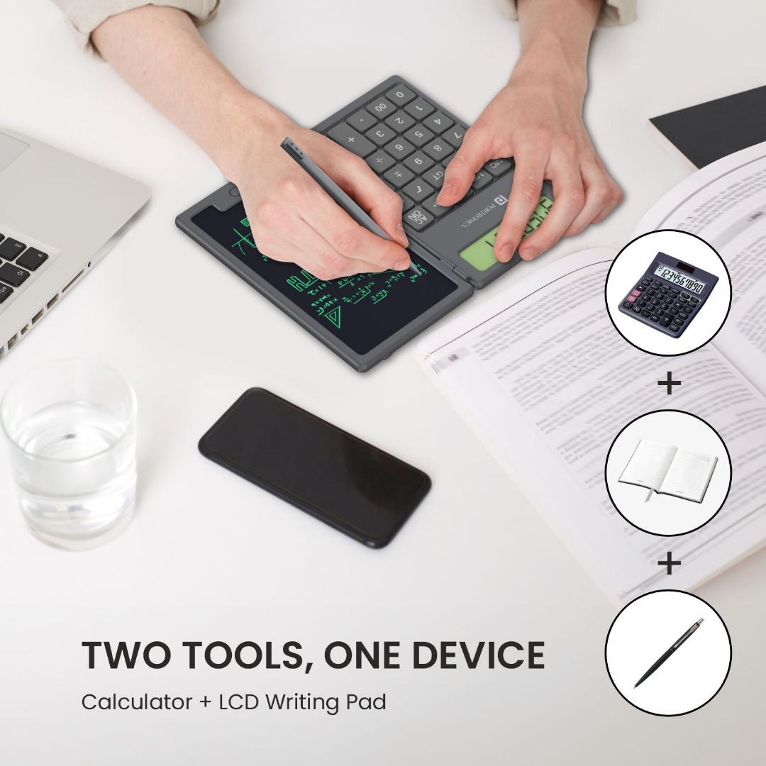 Portronics Ruffpad Calc 2-in-1 Calculator & LCD Writing Pad with 6.5 Inches Tablet, 12 Digits (Black)