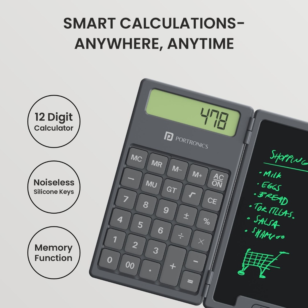 Portronics Ruffpad Calc 2-in-1 Calculator & LCD Writing Pad with 6.5 Inches Tablet, 12 Digits (Black)