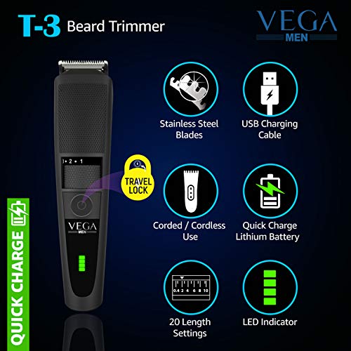 Vega T-3 Beard Trimmer - Cordless & Usb Charging