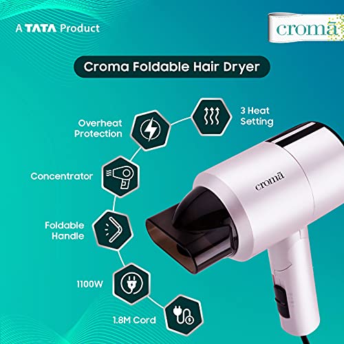 Croma CRAH4055 3 Setting Foldable Handle Hair Dryer, Pink
