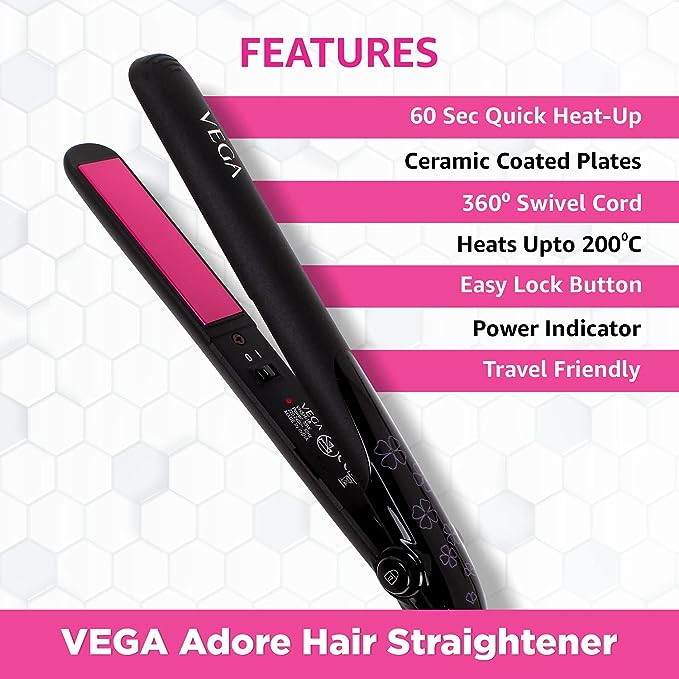 Vega Adore Hair Straightener With Ceramic Coated Plates & Quick Heat-Up Vhsh-18