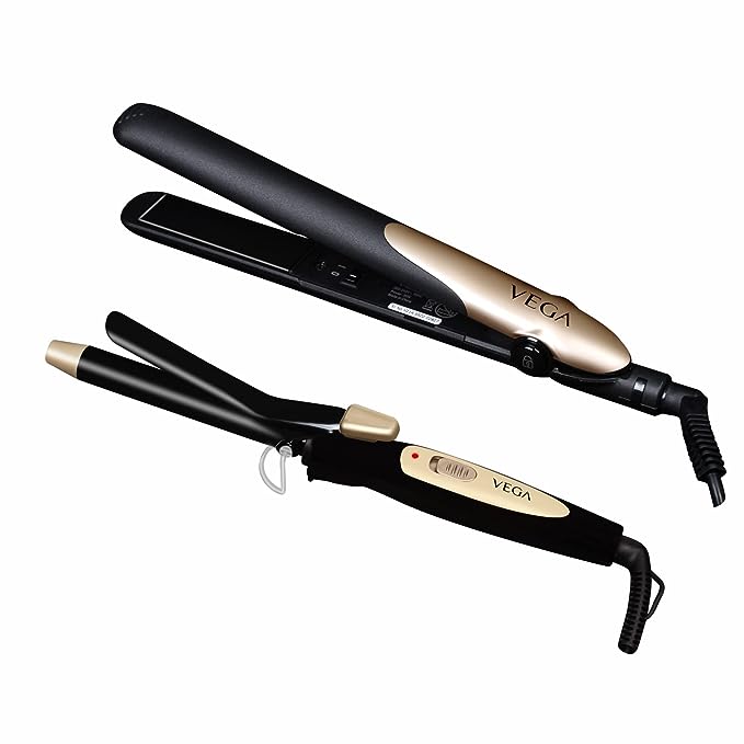 Vega Miss Dazzle Styling Set, Hair Straightener With Ceramic Coated Plates & 19 Mm Barrel Hair Curler Combo (Vhss-02)