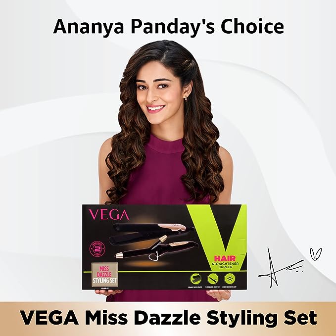 Vega Miss Dazzle Styling Set, Hair Straightener With Ceramic Coated Plates & 19 Mm Barrel Hair Curler Combo (Vhss-02)