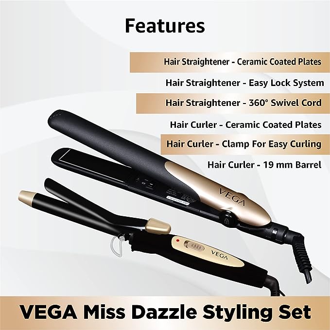Vega Miss Dazzle Styling Set, Hair Straightener With Ceramic Coated Plates & 19 Mm Barrel Hair Curler Combo (Vhss-02)