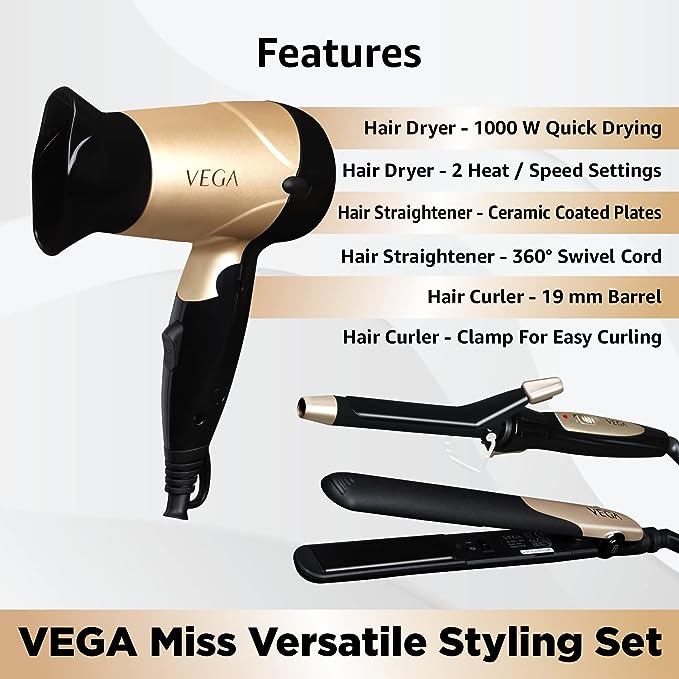 Vega Miss Versatile Styling Set Straightener Vhss-03, Curler & Dryer Gift Combo