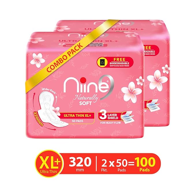 NIINE Naturally Soft Ultra Thin XL+ Sanitary Napkins for Heavy Flow, Pack of 2