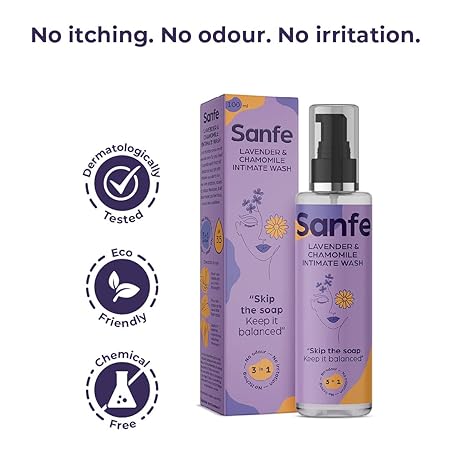 Sanfe Natural Intimate Wash, 3 In 1 - No Odour, No Itching, No Irritation (Lavender and Chamomile)