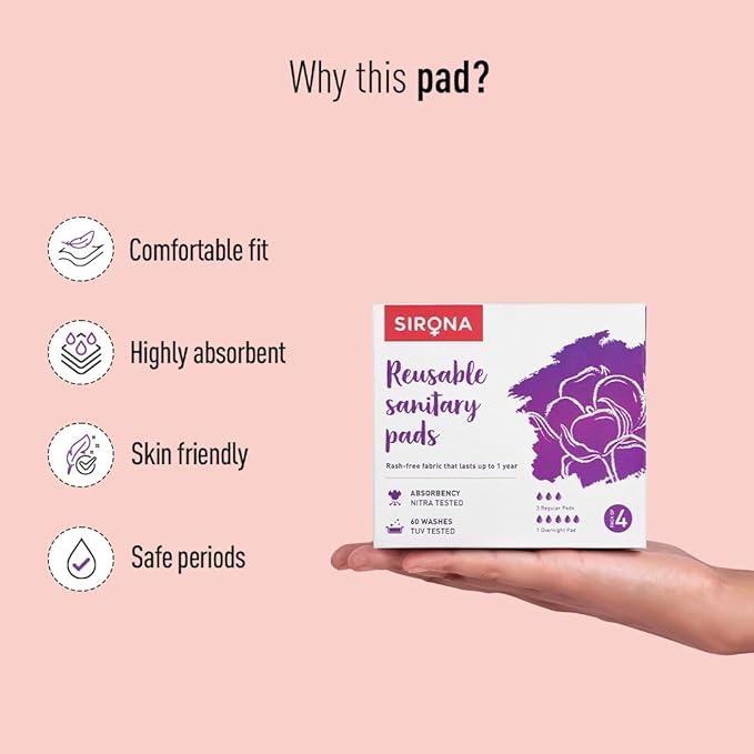 Sirona Reusable Pads for Women, 3 Regular Pads + 1 Overnight Pad, Pack of 4