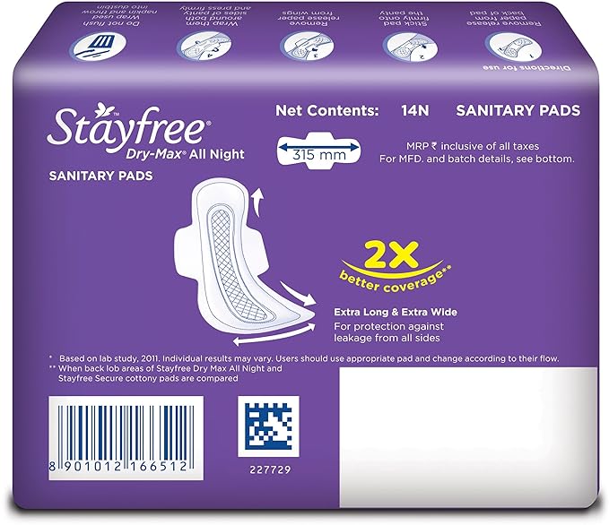 Stayfree Dry Max All Night Dry Cover Sanitary Pads For Women With Wings