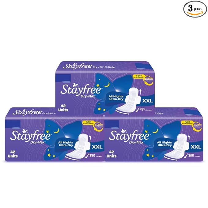 Stayfree Dry Max All Night Dry Cover Sanitary Pads For Women With Wings, Pack of 3