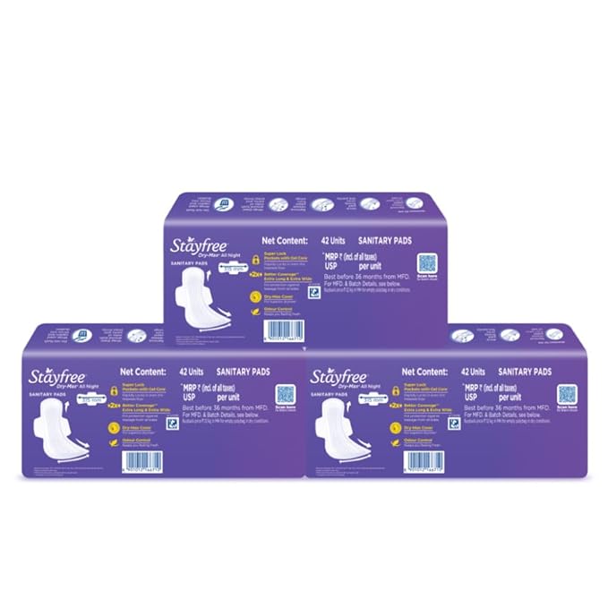 Stayfree Dry Max All Night Dry Cover Sanitary Pads For Women With Wings, Pack of 3