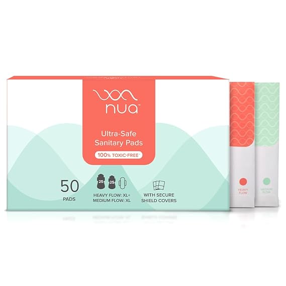 Nua Sanitary Pads For Women, 2 sizes in 1 Heavy Flow XL+ & Medium-XL, With 50 Paper Disposal Pouches, 50 Ultra Thin Pads