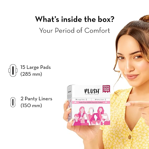 Plush Ultra-Thin Sanitary Pads For Women, Super Absorbent 15 Medium Flow Pads + 2 Panty Liners, 15 Large Natural Cotton Sanitary