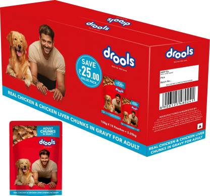 Drools Adult Wet Dog Food- Real Chicken and Chicken Liver Chunks in Gravy- 24 Pouches (24 x 150g)