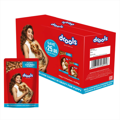 Drools Puppy Wet Dog Food- Real Chicken and Chicken Liver Chunks in Gravy- 24 Pouches (24 x 150g)