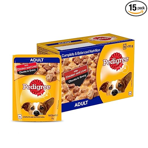 Pedigree Wet Food for Adult Dogs- Chicken & Liver Chunks in Gravy Flavour, (15 x 70g)