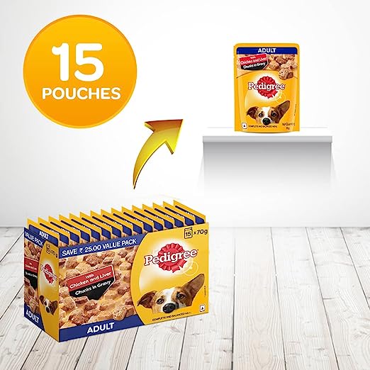 Pedigree Wet Food for Adult Dogs- Chicken & Liver Chunks in Gravy Flavour, (15 x 70g)