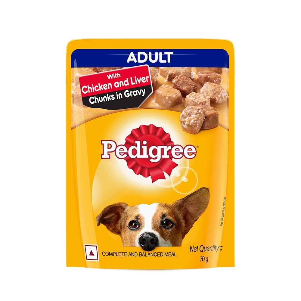 Pedigree Wet Food for Adult Dogs- Chicken & Liver Chunks in Gravy Flavour, (60 x 70g)