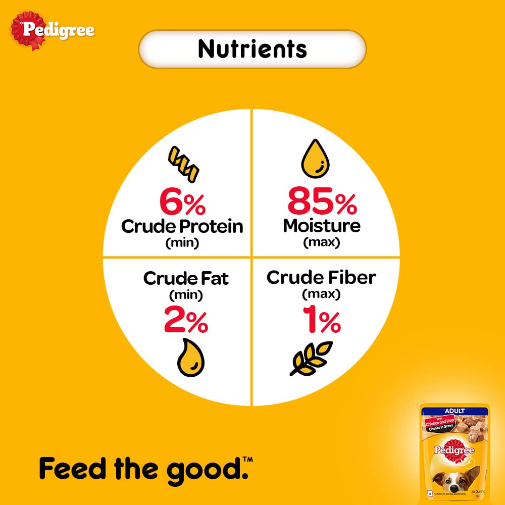 Pedigree Wet Food for Adult Dogs- Chicken & Liver Chunks in Gravy Flavour, (60 x 70g)