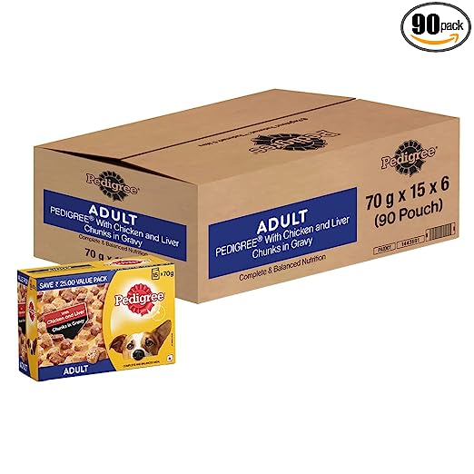 Pedigree Wet Food for Adult Dogs- Chicken & Liver Chunks in Gravy Flavour, (90 x 70g)