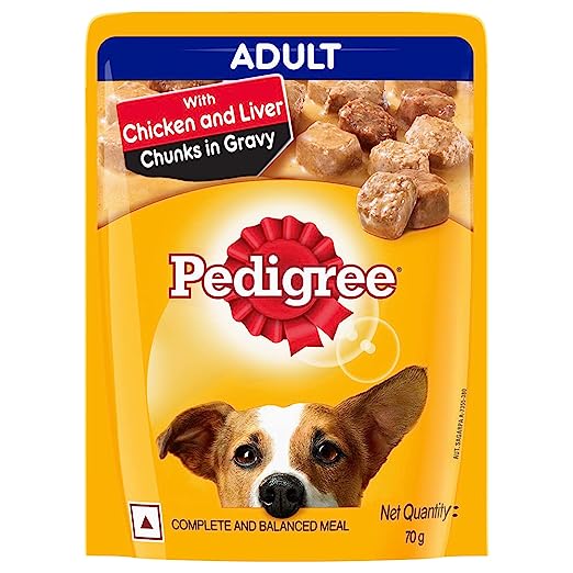 Pedigree Wet Food for Adult Dogs- Chicken & Liver Chunks in Gravy Flavour, (90 x 70g)