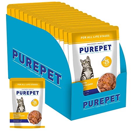 Purepet Wet Cat Food For All Life Stages- Real Tuna and Chicken Liver in Gravy- 24 Pouches (24 x 70g)