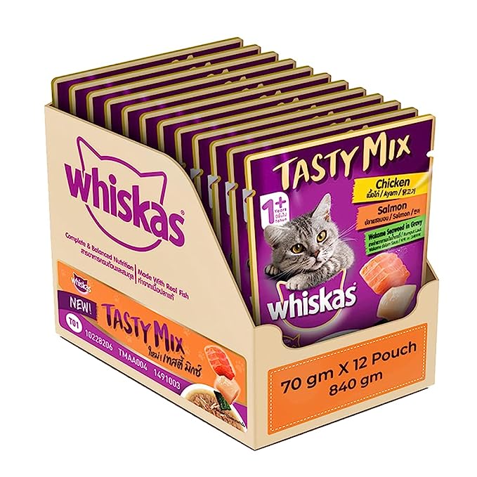 Whiskas Tasty Mix Wet Food for Adult Cats (1+ year)- Made With Real Fish- Chicken With Salmon Wakame Seaweed in Gravy- 12x 70gm
