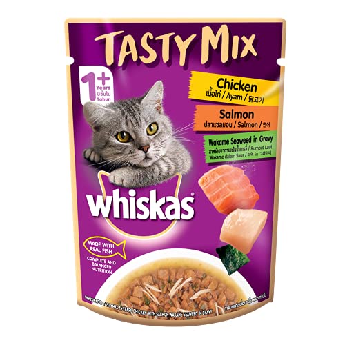 Whiskas Tasty Mix Wet Food for Adult Cats (1+ year)- Made With Real Fish- Chicken With Salmon Wakame Seaweed in Gravy- 70g