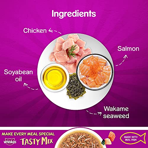Whiskas Tasty Mix Wet Food for Adult Cats (1+ year)- Made With Real Fish- Chicken With Salmon Wakame Seaweed in Gravy- 70g