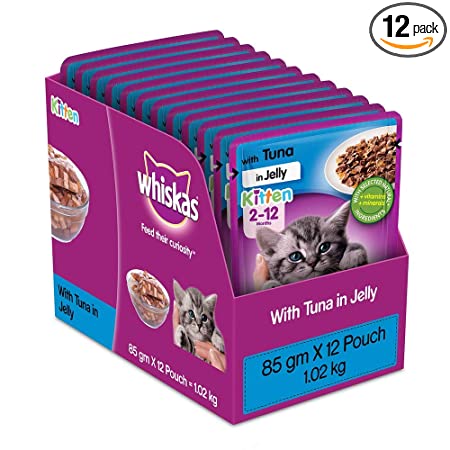 Whiskas Wet Cat Food For Kittens (2-12 Months)- Tuna in Jelly Flavour- 12 Pouches (12 x 85gm)