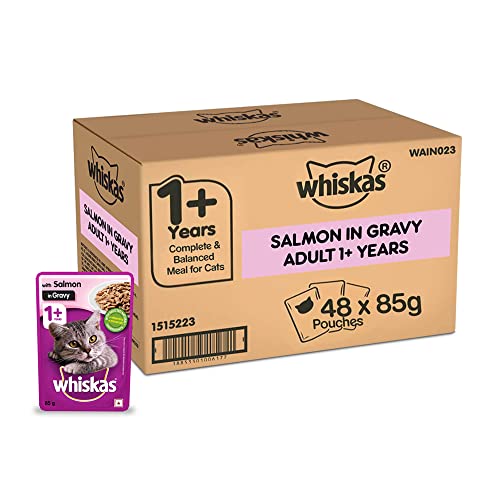 Whiskas Wet Food for Adult Cats (1+Years)- Salmon in Gravy Flavour- 48 Pouches (48 x 85gm)