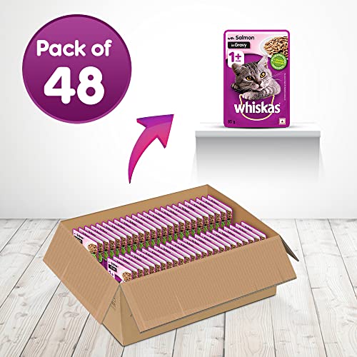Whiskas Wet Food for Adult Cats (1+Years)- Salmon in Gravy Flavour- 48 Pouches (48 x 85gm)
